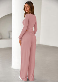 PRETTYGARDEN Women's Fall Trendy 2 Piece Outfits Lounge Sets Long Sleeve Top Henley Shirts Wide Leg Pants Travel Clothes