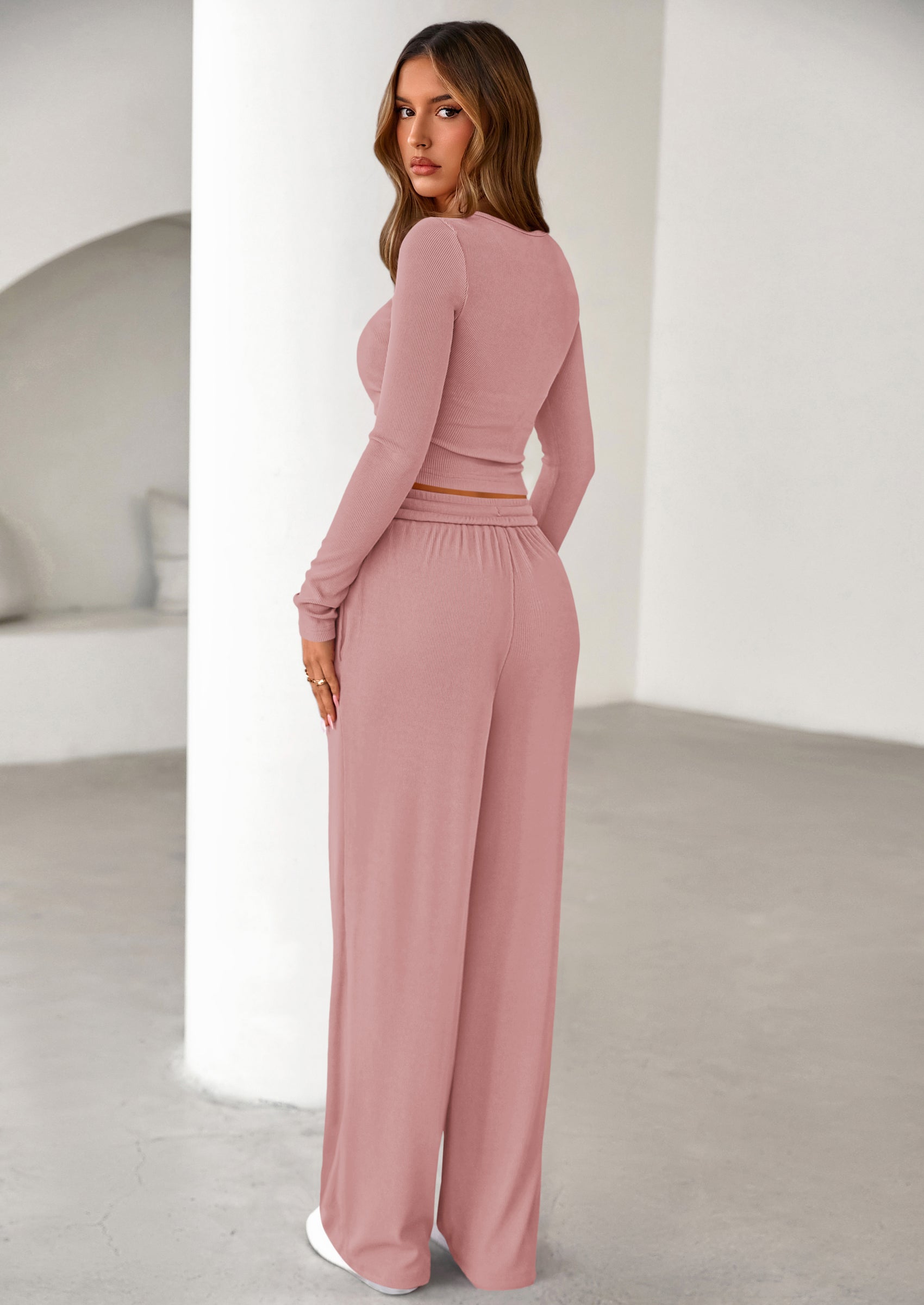 PRETTYGARDEN Women's Fall Trendy 2 Piece Outfits Lounge Sets Long Sleeve Top Henley Shirts Wide Leg Pants Travel Clothes