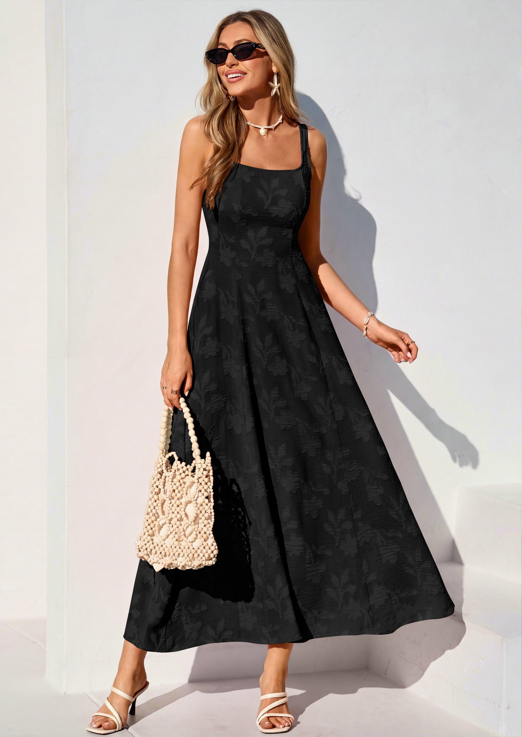 PRETTYGARDEN Womens Summer Maxi Dresses Casual Sleeveless Square Neck Jacquard Flowy Wedding Guest Beach Boho Long Dress