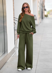 PRETTYGARDEN Womens 2 Piece Casual Matching Lounge Sets  Fashion Off the Shoulder Sweatshirt, Wide Leg Pants with Pockets, Comfy Airport Travel Outfit, 2026 Trendy Fall Set