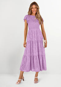 PRETTYGARDEN Midi Dress for Women Summer Floral Cap Sleeve Smocked Ruffle A Line Long Flowy Wedding Guest Dresses