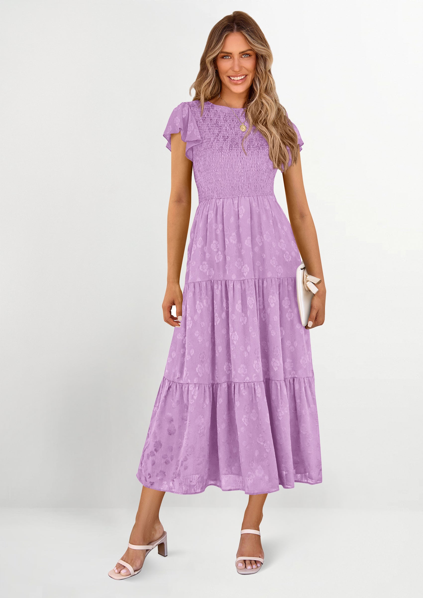 PRETTYGARDEN Midi Dress for Women Summer Floral Cap Sleeve Smocked Ruffle A Line Long Flowy Wedding Guest Dresses