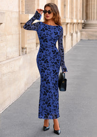 PRETTYGARDEN Women's Floral Bodycon Maxi Dress Fall Elegant Mesh Long Sleeve Formal Wedding Guest Cocktail Dresses