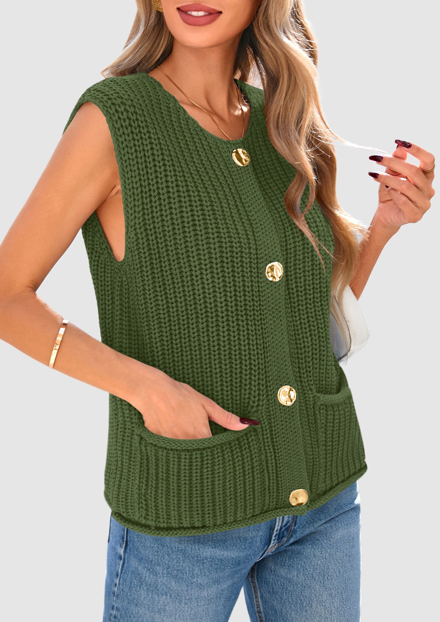 Women's Sweaters Vest 2025 Sleeveless Button Down Cropped Chunky Knit Cardigan Trendy Tank Tops with Pockets