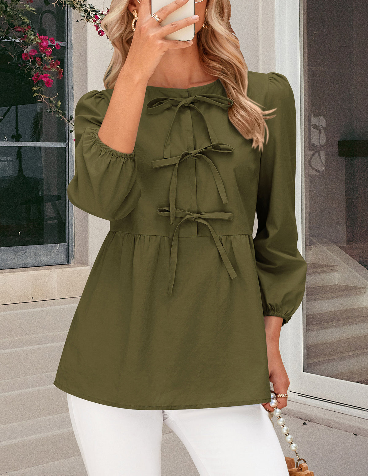 Women's Babydoll Tops 2025 Spring Trendy 3/4 Length Puff Sleeve Bow Tie Front Cute Peplum Blouses Shirts