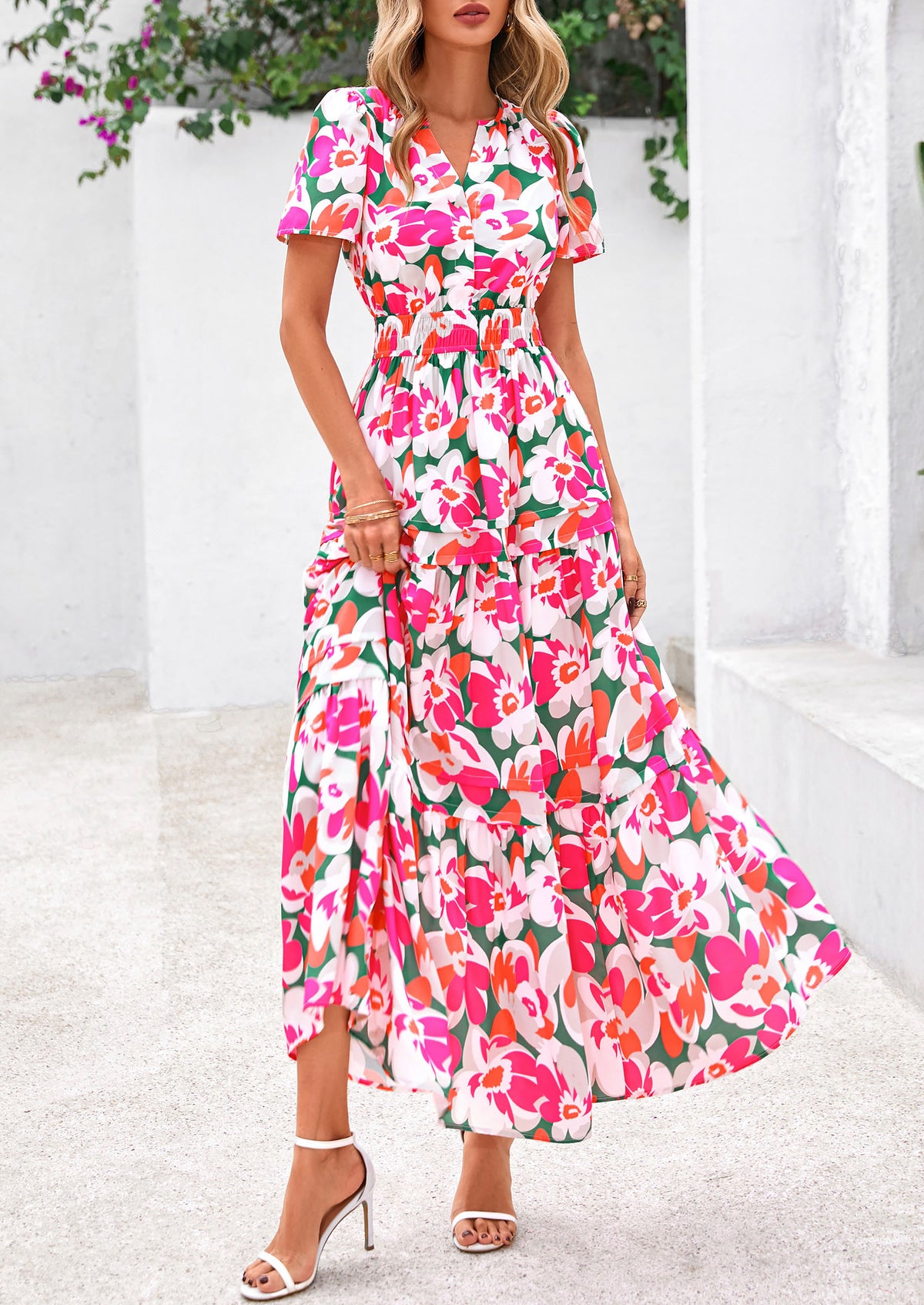 Summer Boho Floral Short Sleeve V Neck A Line Tiered Ruffle Flowy Long Beach Vacation Maxi Dresses