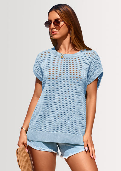 PRETTYGARDEN Womens Spring Tops Summer Shirts Crochet Cap Sleeve Sweater Pullover Cute Beach Vacation Clothes