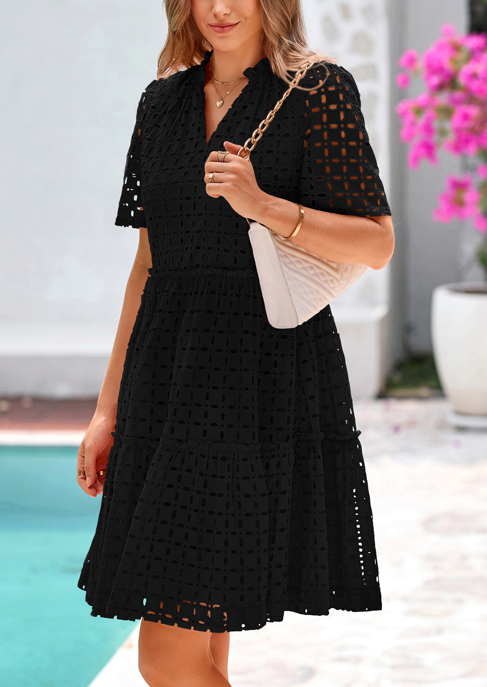 PRETTYGARDEN Women's Short Sleeve Mini Dress Summer V Neck Hollow Out Eyelet Ruffle A Line Swing Short Dresses