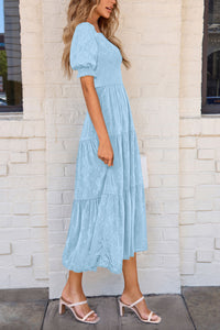 Women's Summer Casual Midi Dresses Square Neck Short Sleeve Smocked A Line Floral Flowy Elegant Boho Dress