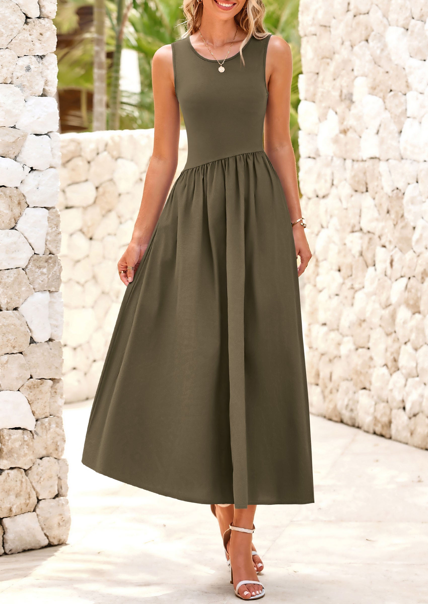 PRETTYGARDEN Women's Maxi Sundress Casual Summer Sleeveless Asymmetrical Drop Waist Patchwork Long Flowy Tank Dresses