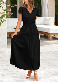 Women's Summer Maxi Dresses 2025 Trendy Casual Button V Neck Ruffle Cap Sleeve Long Flowy Pleated Dress