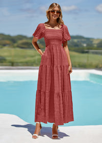 PRETTYGARDEN Womens Summer Puff Short Sleeve Maxi Dress Square Neck Smocked Tiered Ruffle A Line Long Flowy Beach Dresses