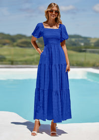 PRETTYGARDEN Womens Summer Puff Short Sleeve Maxi Dress Square Neck Smocked Tiered Ruffle A Line Long Flowy Beach Dresses