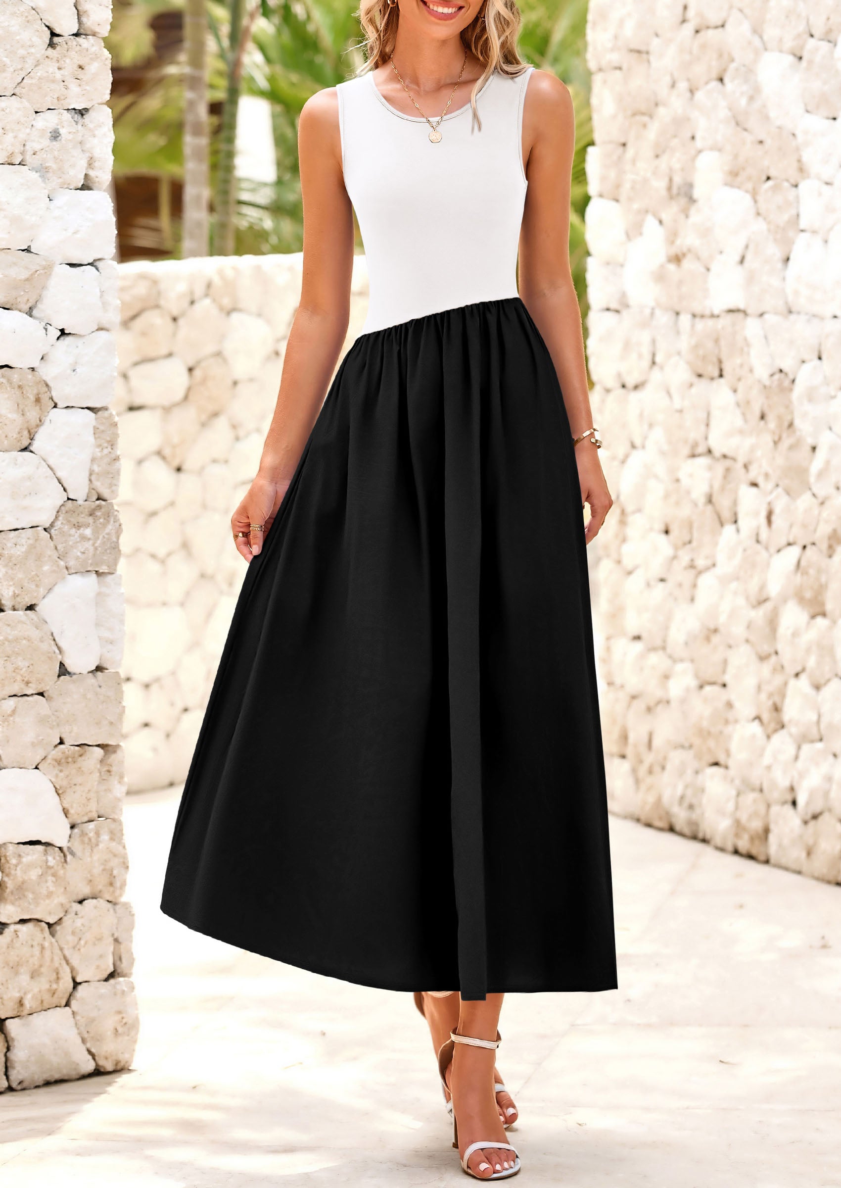 PRETTYGARDEN Women's Maxi Sundress Casual Summer Sleeveless Asymmetrical Drop Waist Patchwork Long Flowy Tank Dresses