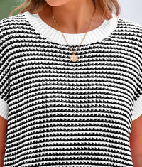 Women's Short Sleeve Spring Summer 2025 Round Neck Striped Pullover Cap Sleeve Knit T-shirt