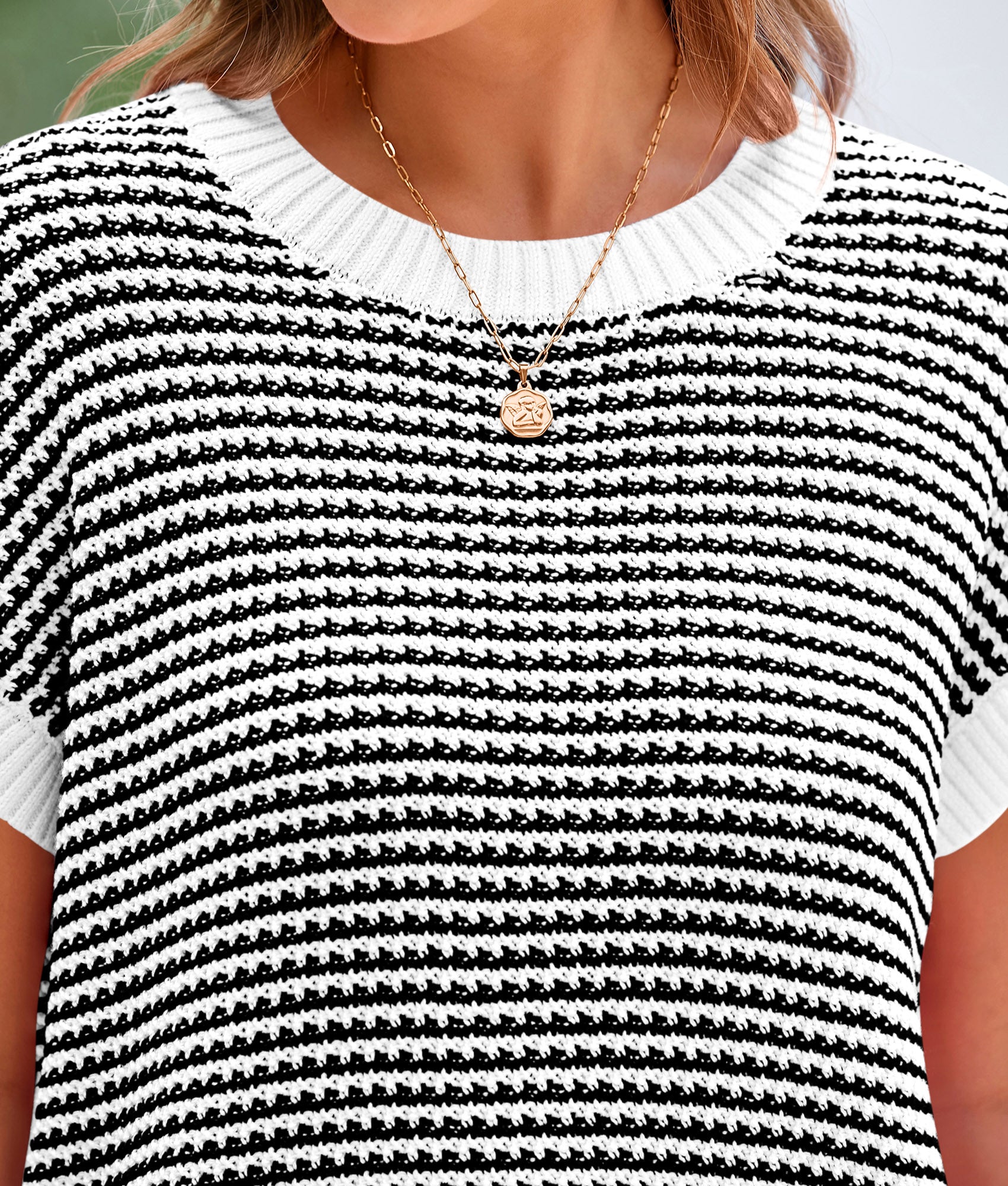 PRETTYGARDEN Womens Short Sleeve Sweater Spring Summer Round Neck Striped Pullover Cap Sleeve Knit Sweater Vest Tops