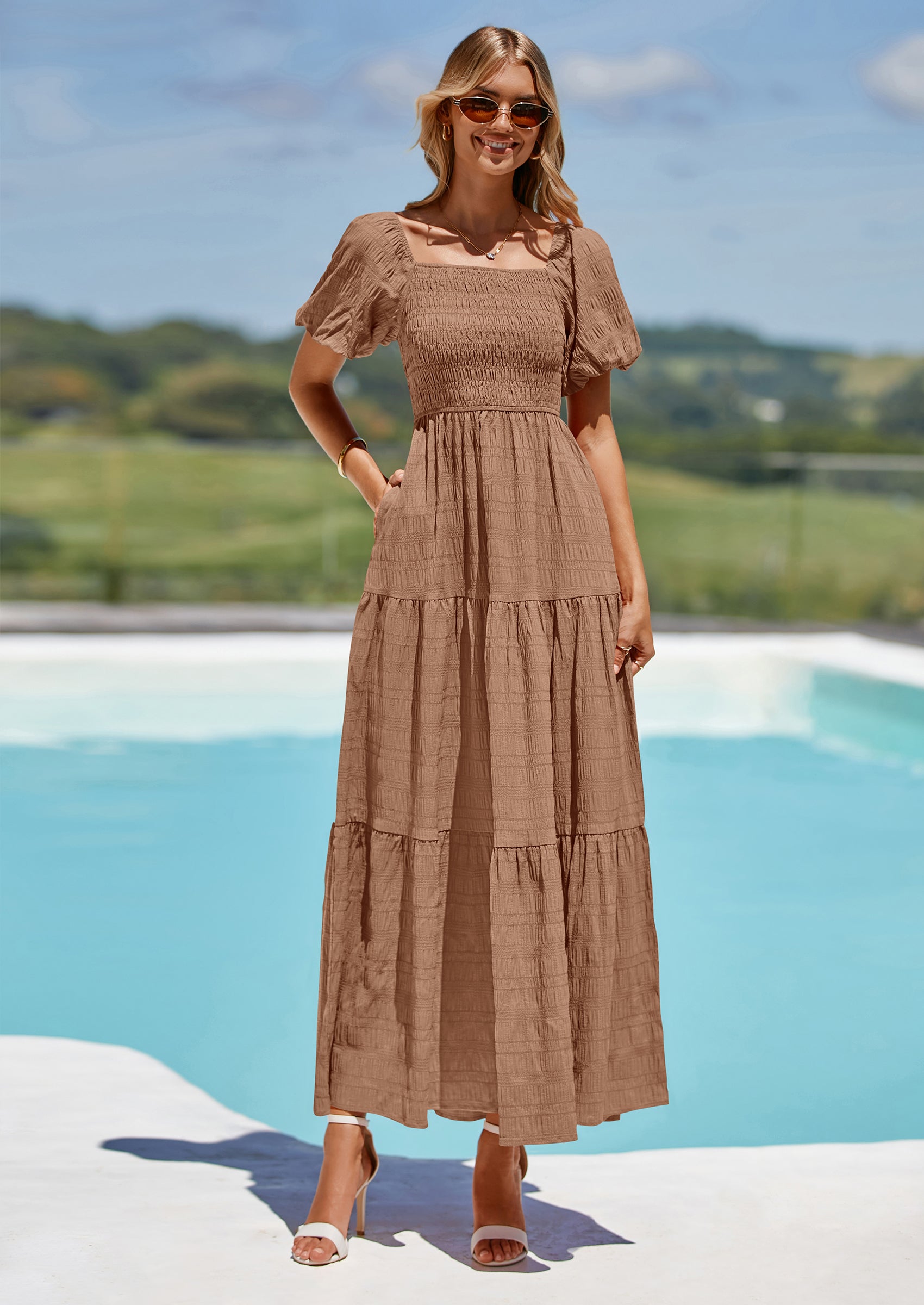 PRETTYGARDEN Womens Summer Puff Short Sleeve Maxi Dress Square Neck Smocked Tiered Ruffle A Line Long Flowy Beach Dresses