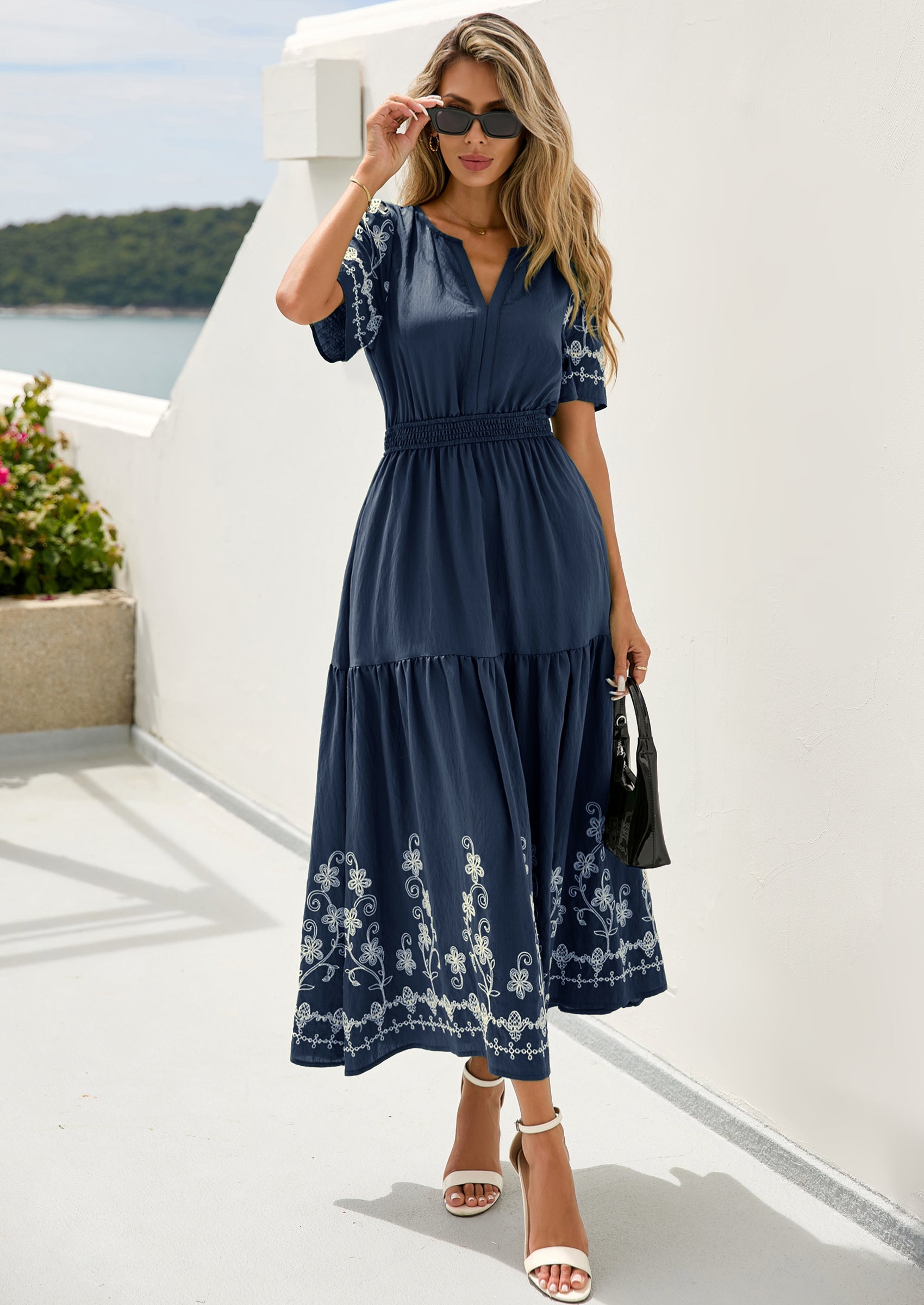 PRETTYGARDEN Women's Summer Boho Maxi Dress Spring Floral Short Sleeve V Neck A Line Flowy Beach Wedding Guest Dresses PRETTYGARDEN