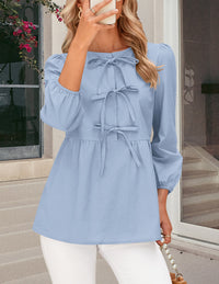 Women's Babydoll Tops 2025 Spring Trendy 3/4 Length Puff Sleeve Bow Tie Front Cute Peplum Blouses Shirts