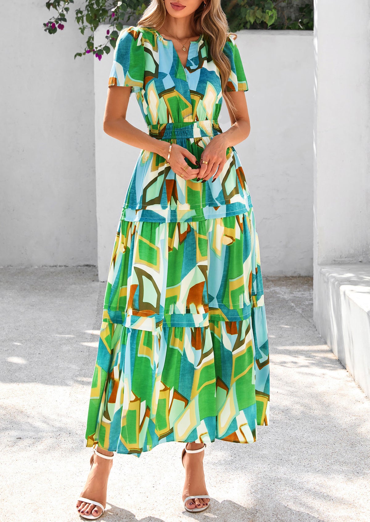 Summer Boho Floral Short Sleeve V Neck A Line Tiered Ruffle Flowy Long Beach Vacation Maxi Dresses