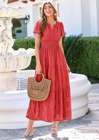 PRETTYGARDEN Womens Boho Maxi Dress Floral Summer Spring Short Sleeve V Neck A Line Embroidered Beach Vacation Dresses