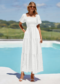 PRETTYGARDEN Womens Summer Puff Short Sleeve Maxi Dress Square Neck Smocked Tiered Ruffle A Line Long Flowy Beach Dresses
