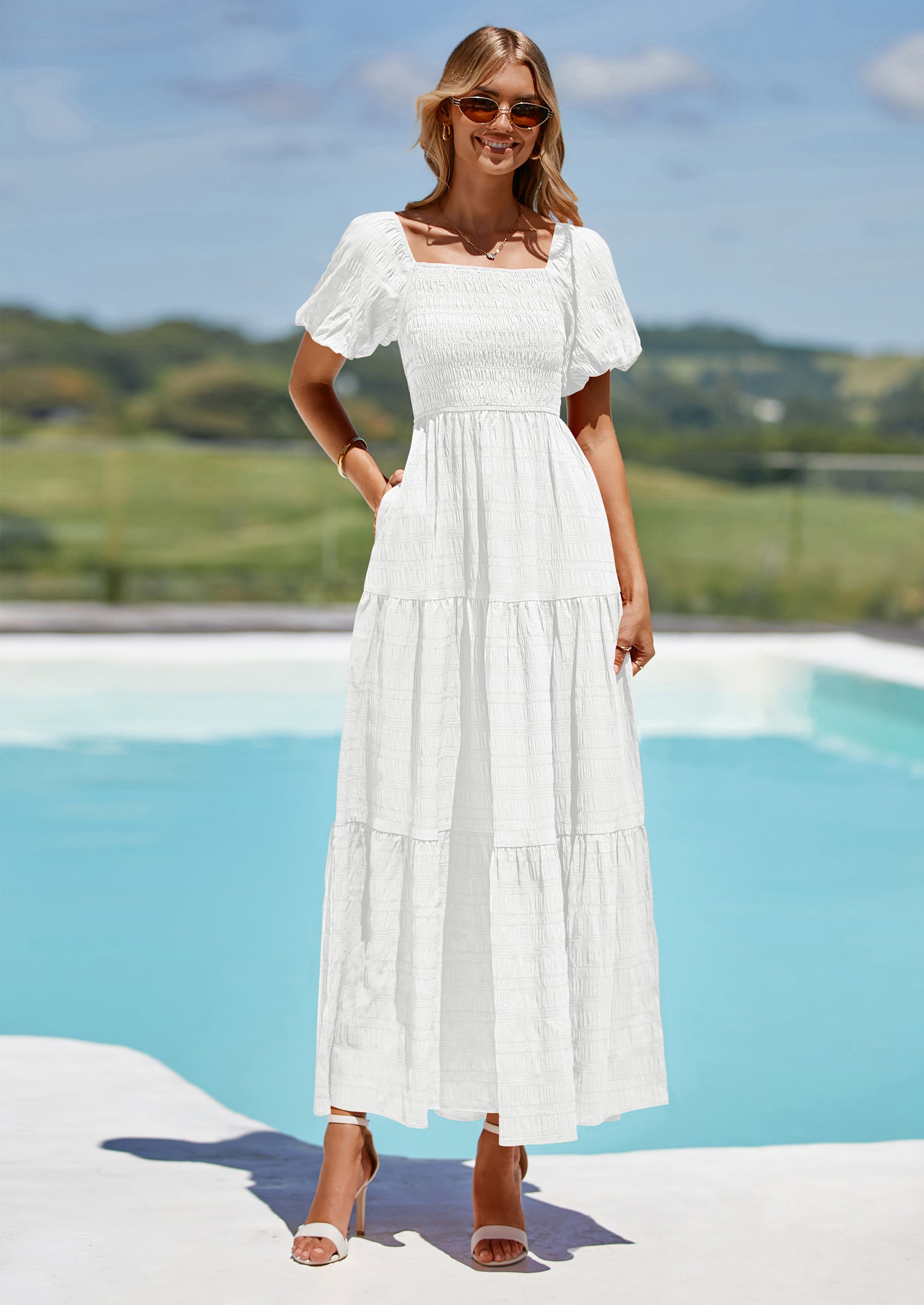 PRETTYGARDEN Womens Summer Puff Short Sleeve Maxi Dress Square Neck Smocked Tiered Ruffle A Line Long Flowy Beach Dresses