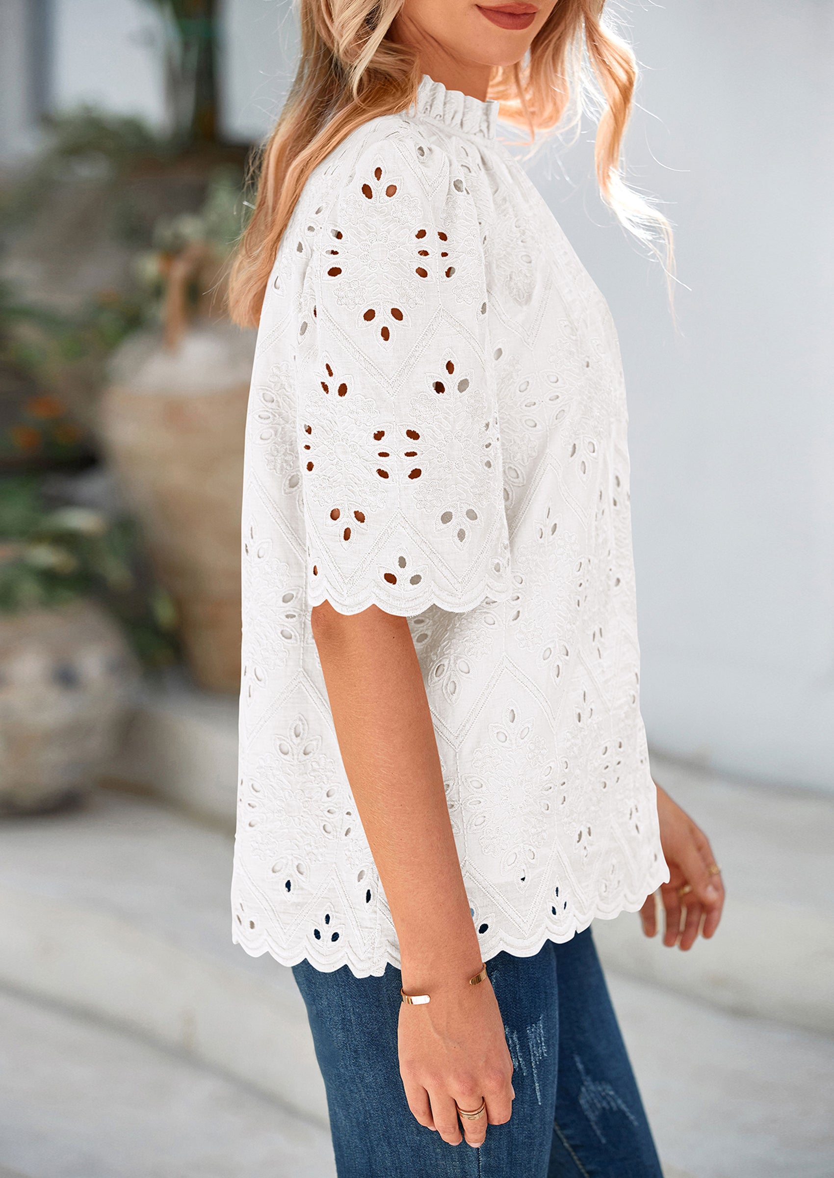 PRETTYGARDEN Womens Summer Tops Trendy Short Sleeve Eyelet Embroidered Dressy Casual Blouse Shirts