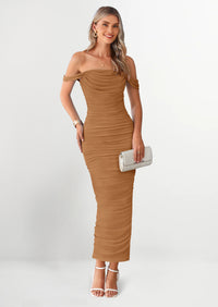 PRETTYGARDEN Womens Off The Shoulder Dress Ruched Bodycon Sleeveless Split Cocktail Party Maxi Dresses