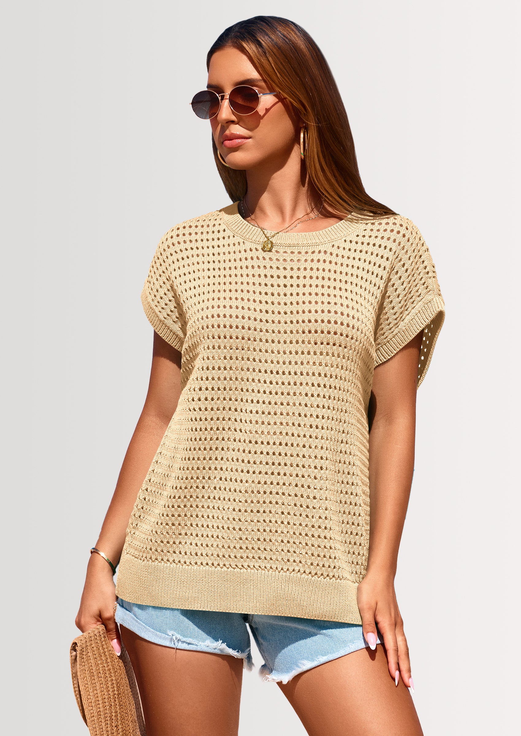 PRETTYGARDEN Womens Spring Tops Summer Shirts Crochet Cap Sleeve Sweater Pullover Cute Beach Vacation Clothes