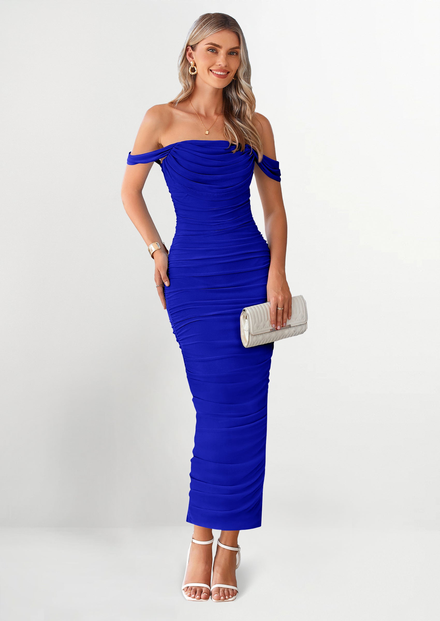 PRETTYGARDEN Womens Off The Shoulder Dress Ruched Bodycon Sleeveless Split Cocktail Party Maxi Dresses