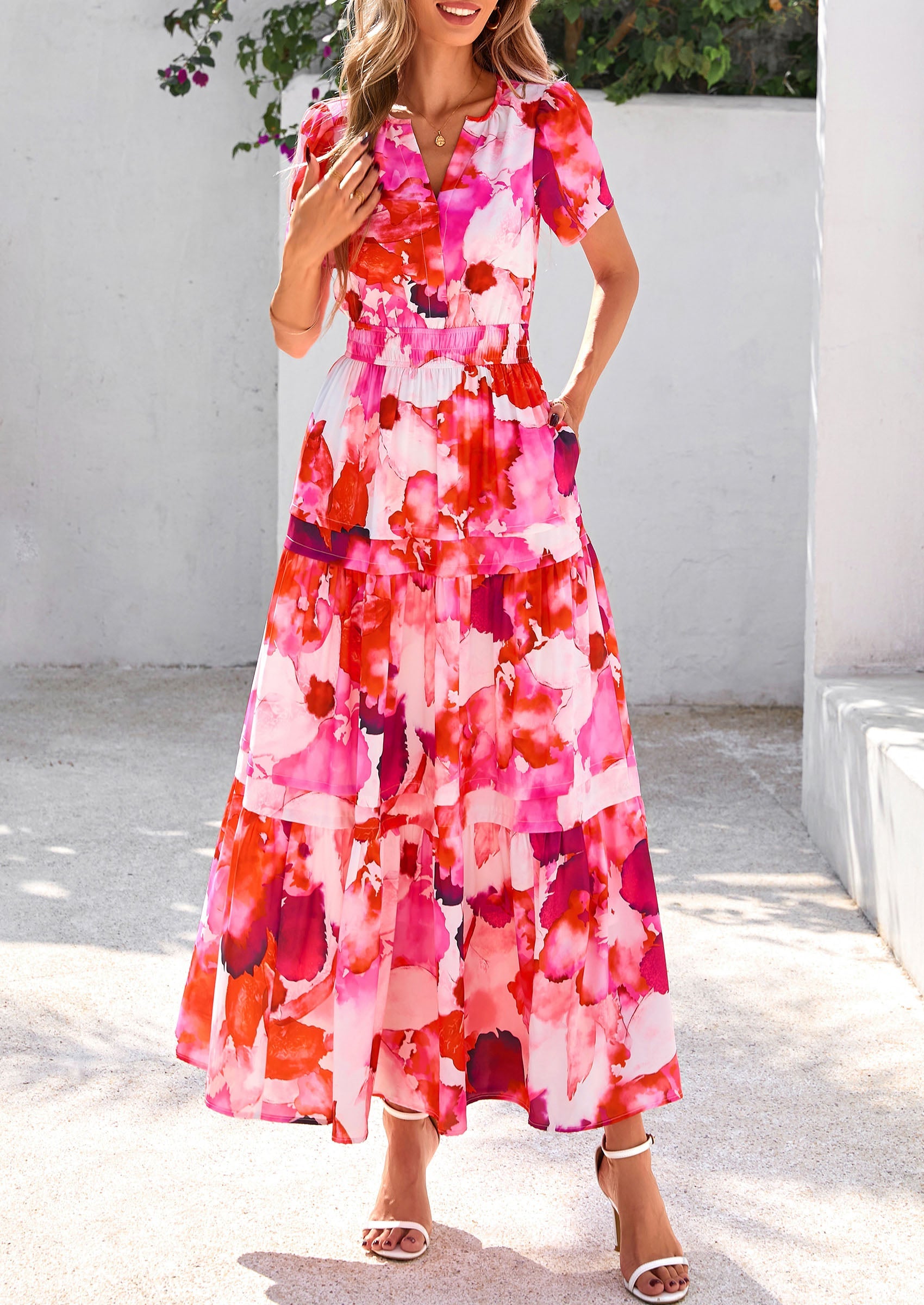 PRETTYGARDEN Women's Boho Maxi Dresses Floral Short Sleeve V Neck A Li PRETTYGARDEN Women's Boho Maxi Dresses Floral Short Sleeve V Neck A Li