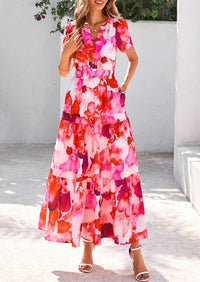 Summer Boho Floral Short Sleeve V Neck A Line Tiered Ruffle Flowy Long Beach Vacation Maxi Dresses