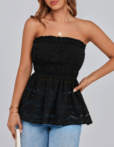 PRETTYGARDEN Tube Tops for Women Summer Strapless Off Shoulder Eyelet Smocked Peplum Trendy Going Out Boho Top