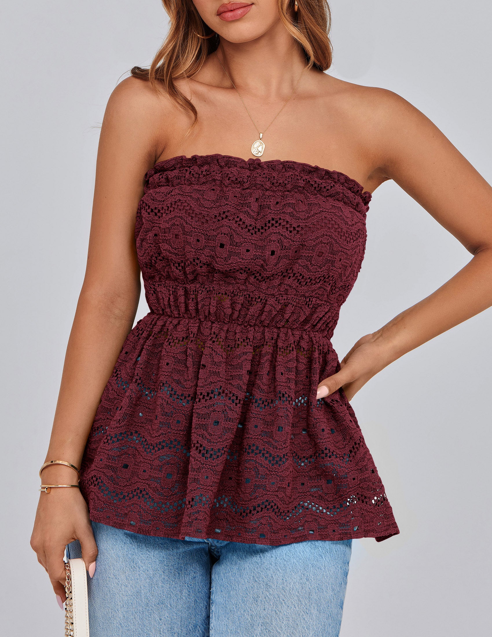 PRETTYGARDEN Tube Tops for Women Summer Strapless Off Shoulder Eyelet Smocked Peplum Trendy Going Out Boho Top