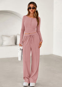 PRETTYGARDEN Women's Fall Trendy 2 Piece Outfits Lounge Sets Long Sleeve Top Henley Shirts Wide Leg Pants Travel Clothes