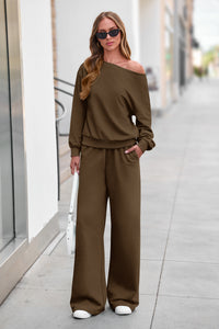 PRETTYGARDEN Womens 2 Piece Casual Matching Lounge Sets  Fashion Off the Shoulder Sweatshirt, Wide Leg Pants with Pockets, Comfy Airport Travel Outfit, 2026 Trendy Fall Set