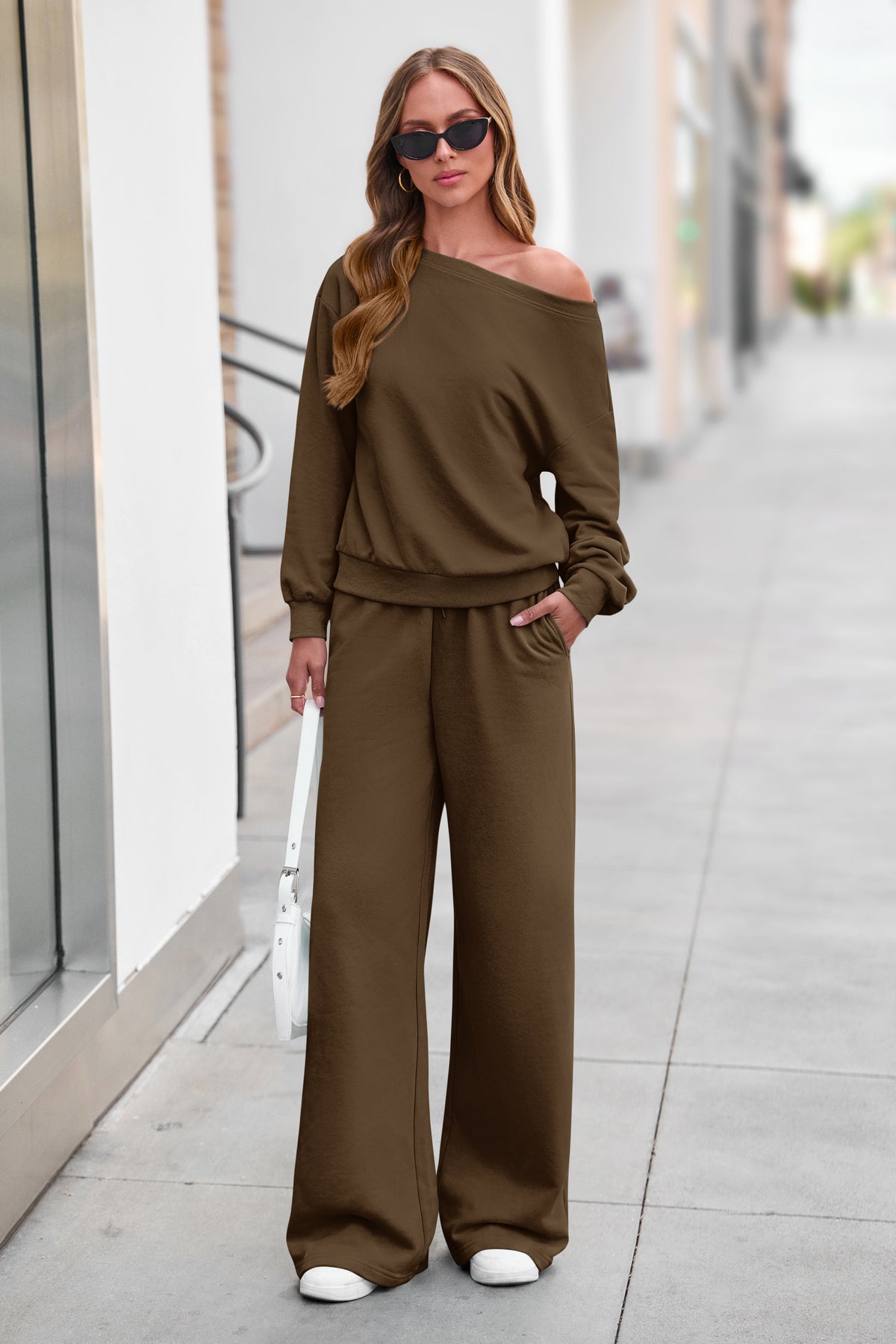 PRETTYGARDEN Womens 2 Piece Casual Matching Lounge Sets  Fashion Off the Shoulder Sweatshirt, Wide Leg Pants with Pockets, Comfy Airport Travel Outfit, 2026 Trendy Fall Set