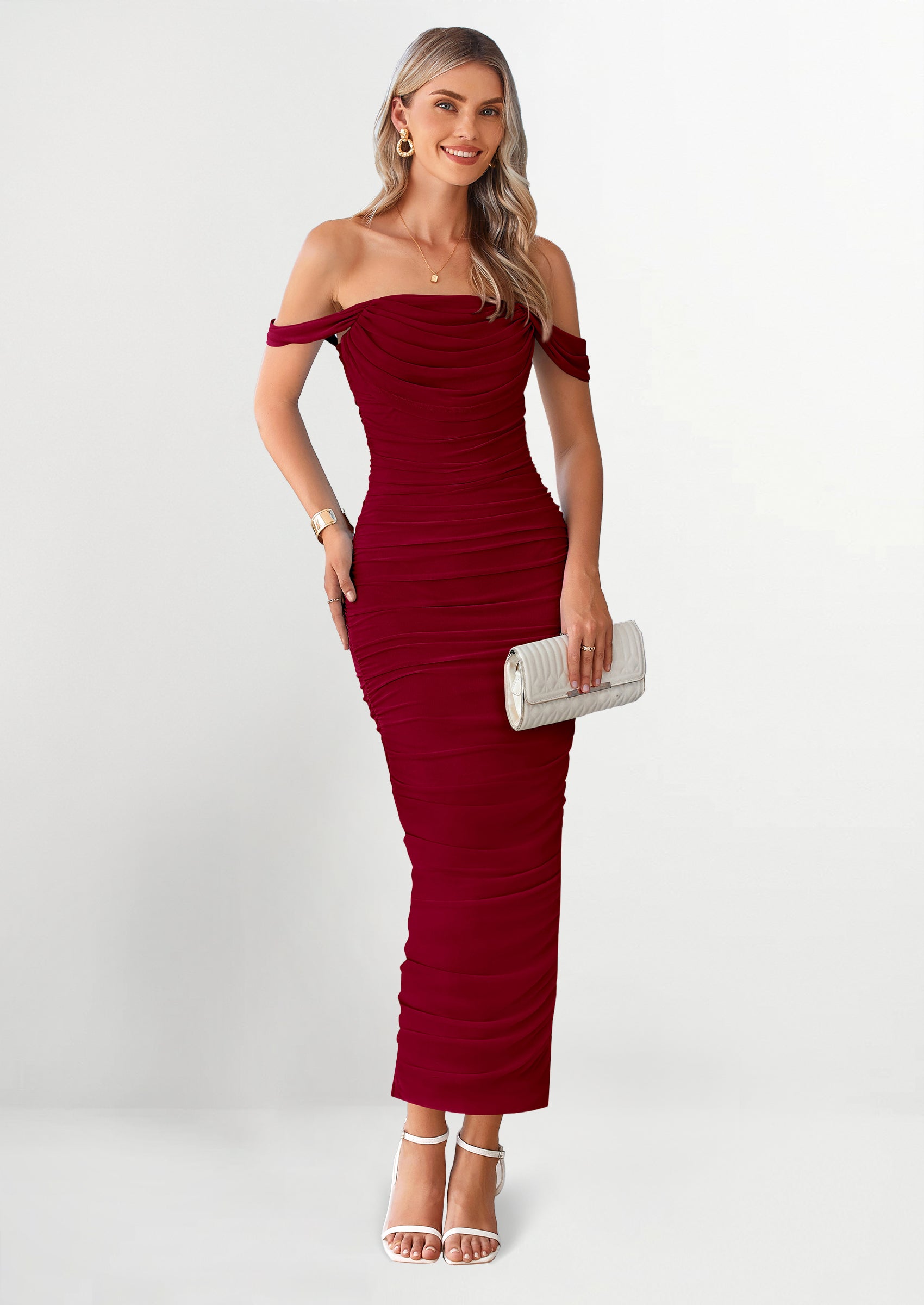 PRETTYGARDEN Womens Off The Shoulder Dress Ruched Bodycon Sleeveless Split Cocktail Party Maxi Dresses