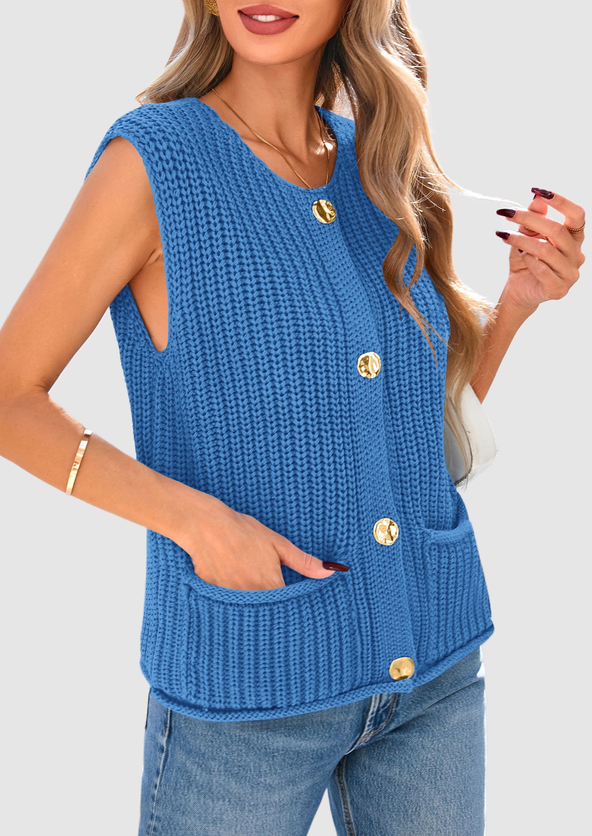 Sleeveless Button Down Cropped Chunky Knit Cardigan Trendy Tank Tops with Pockets