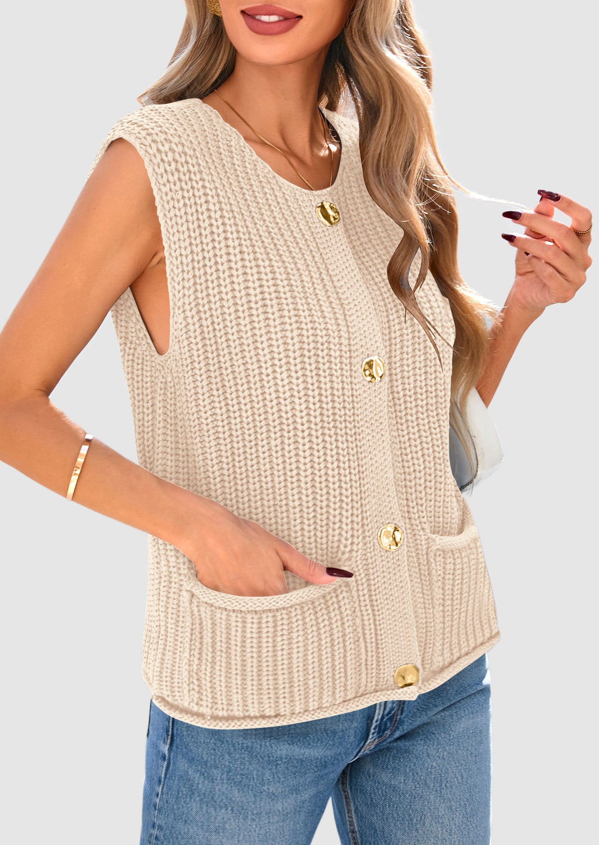 Sleeveless Button Down Cropped Chunky Knit Cardigan Trendy Tank Tops with Pockets