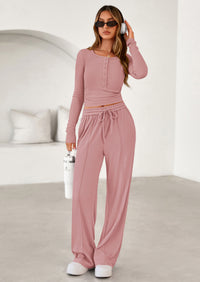 PRETTYGARDEN Women's Fall Trendy 2 Piece Outfits Lounge Sets Long Sleeve Top Henley Shirts Wide Leg Pants Travel Clothes