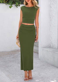 Solid Color Cap Sleeve Cropped Tops Ruched Skirts Two Piece Skirt Set