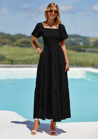 PRETTYGARDEN Womens Summer Puff Short Sleeve Maxi Dress Square Neck Smocked Tiered Ruffle A Line Long Flowy Beach Dresses