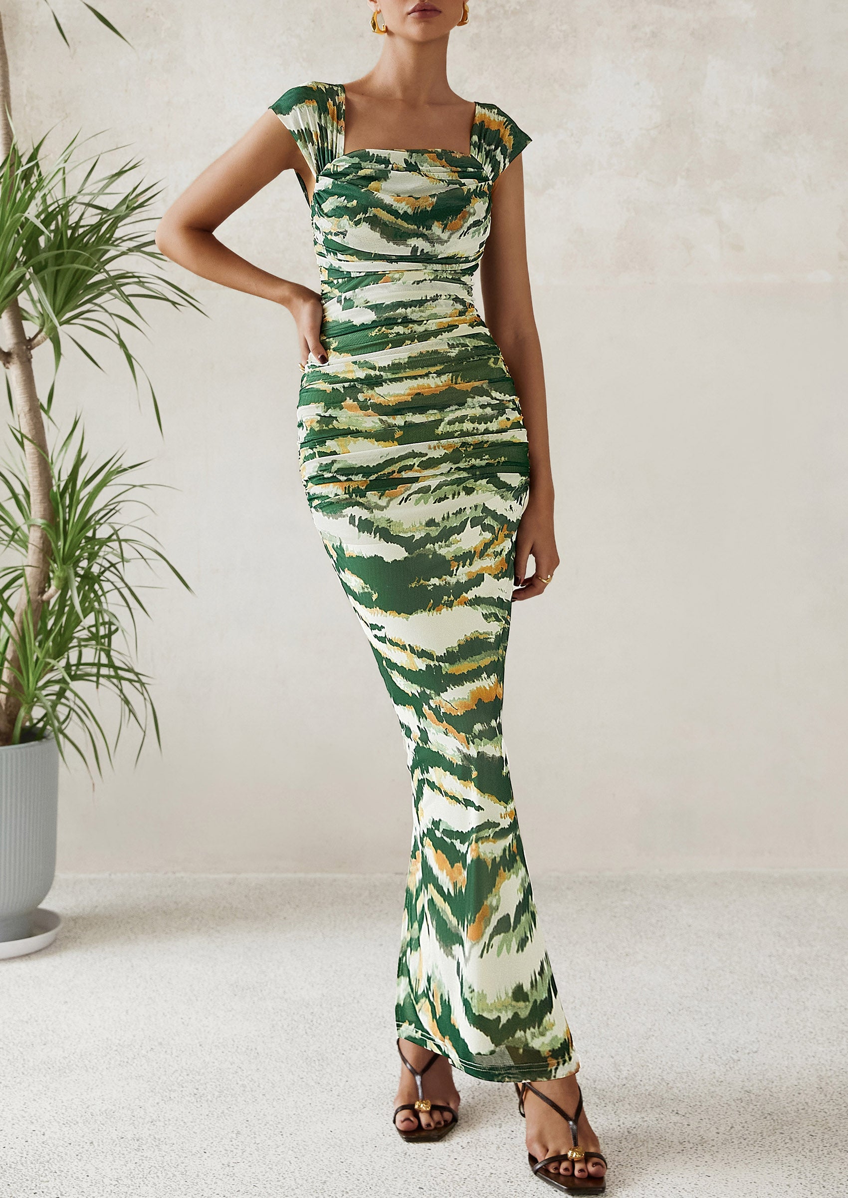 PRETTYGARDEN Maxi Dresses for Women Summer Elegant Floral Off Shoulder Ruched Mesh Cocktail Wedding Guest Dress