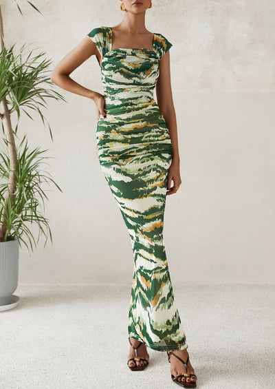 PRETTYGARDEN Maxi Dresses for Women Summer Elegant Floral Off Shoulder Ruched Mesh Cocktail Wedding Guest Dress