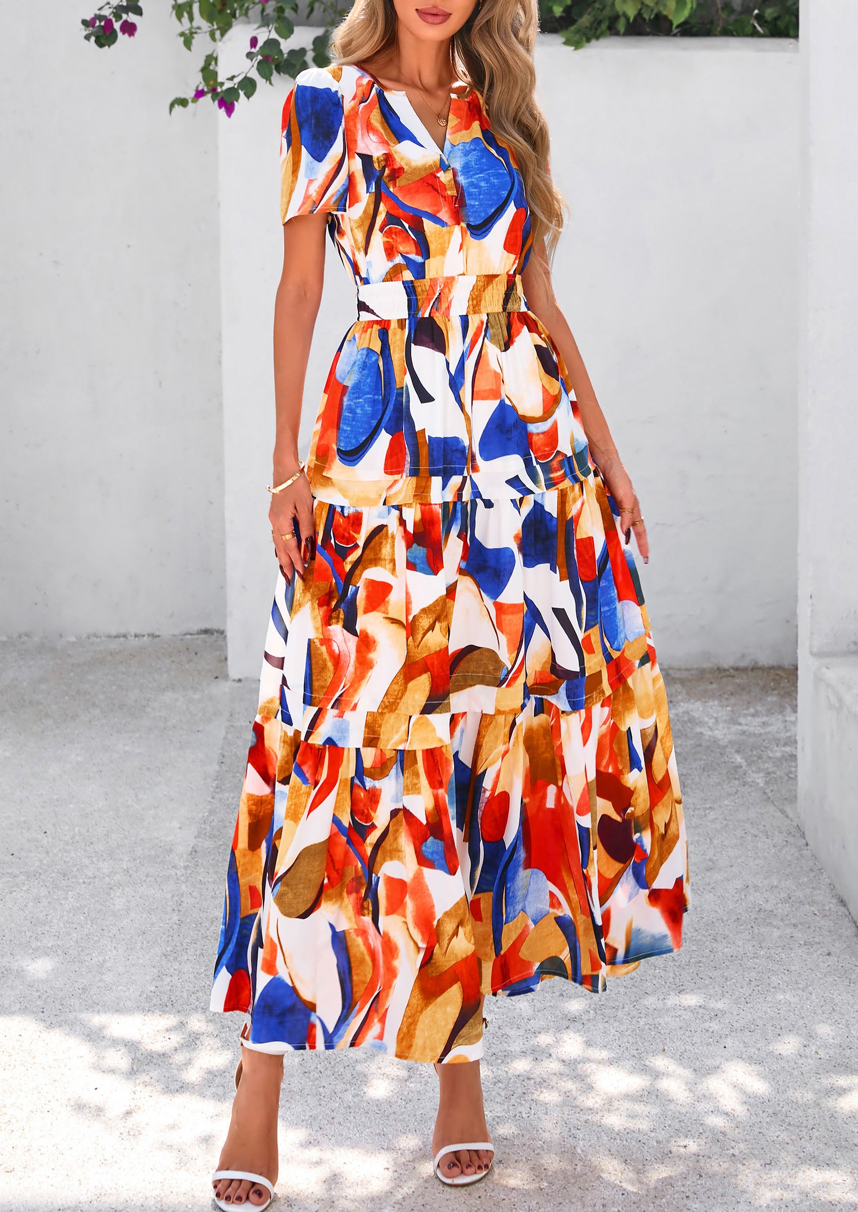 PRETTYGARDEN Women's Boho Maxi Dresses Floral Short Sleeve V Neck A Line Tiered Flowy Long Beach Vacation Dress