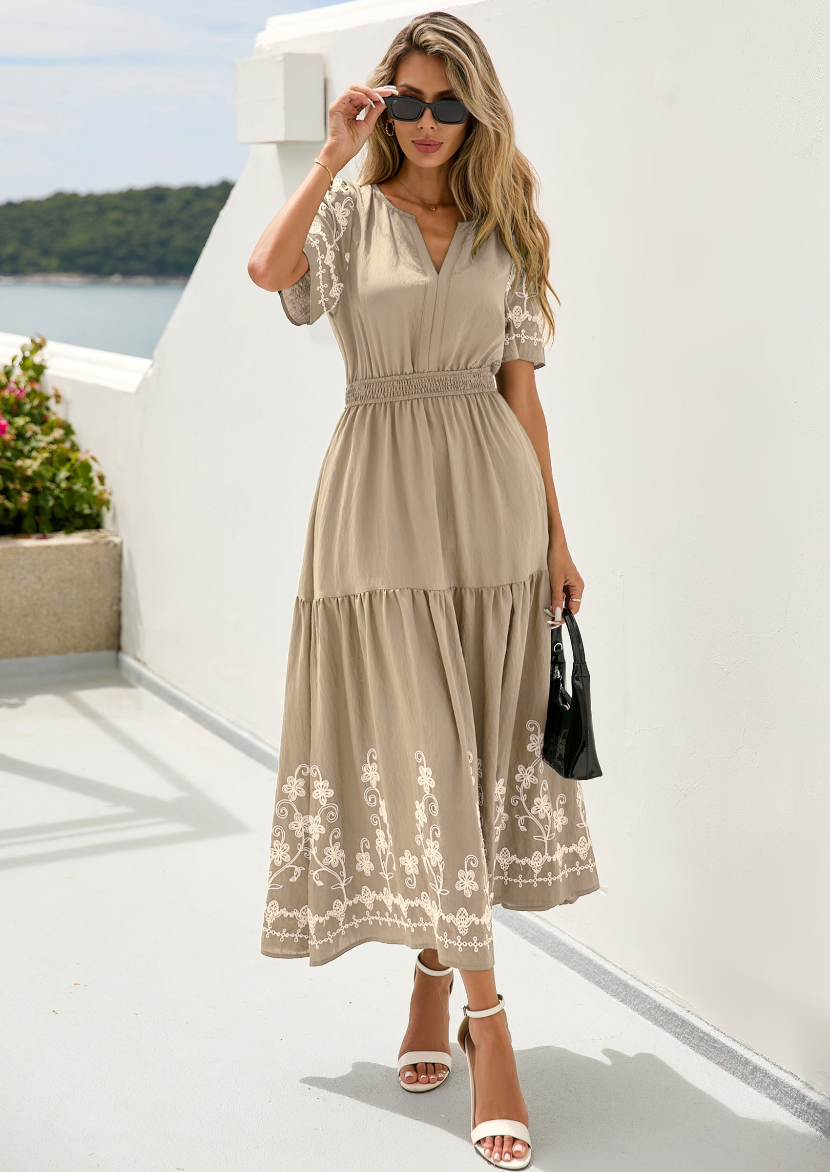 PRETTYGARDEN Women's Summer Boho Maxi Dress Spring Floral Short Sleeve V Neck A Line Flowy Beach Wedding Guest Dresses PRETTYGARDEN