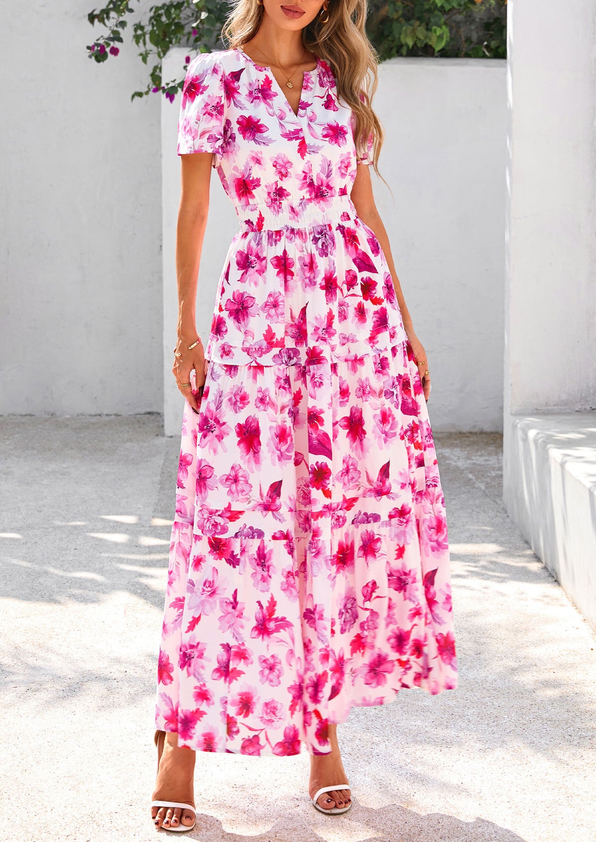 Summer Boho Floral Short Sleeve V Neck A Line Tiered Ruffle Flowy Long Beach Vacation Maxi Dresses