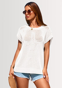 PRETTYGARDEN Womens Spring Tops Summer Shirts Crochet Cap Sleeve Sweater Pullover Cute Beach Vacation Clothes